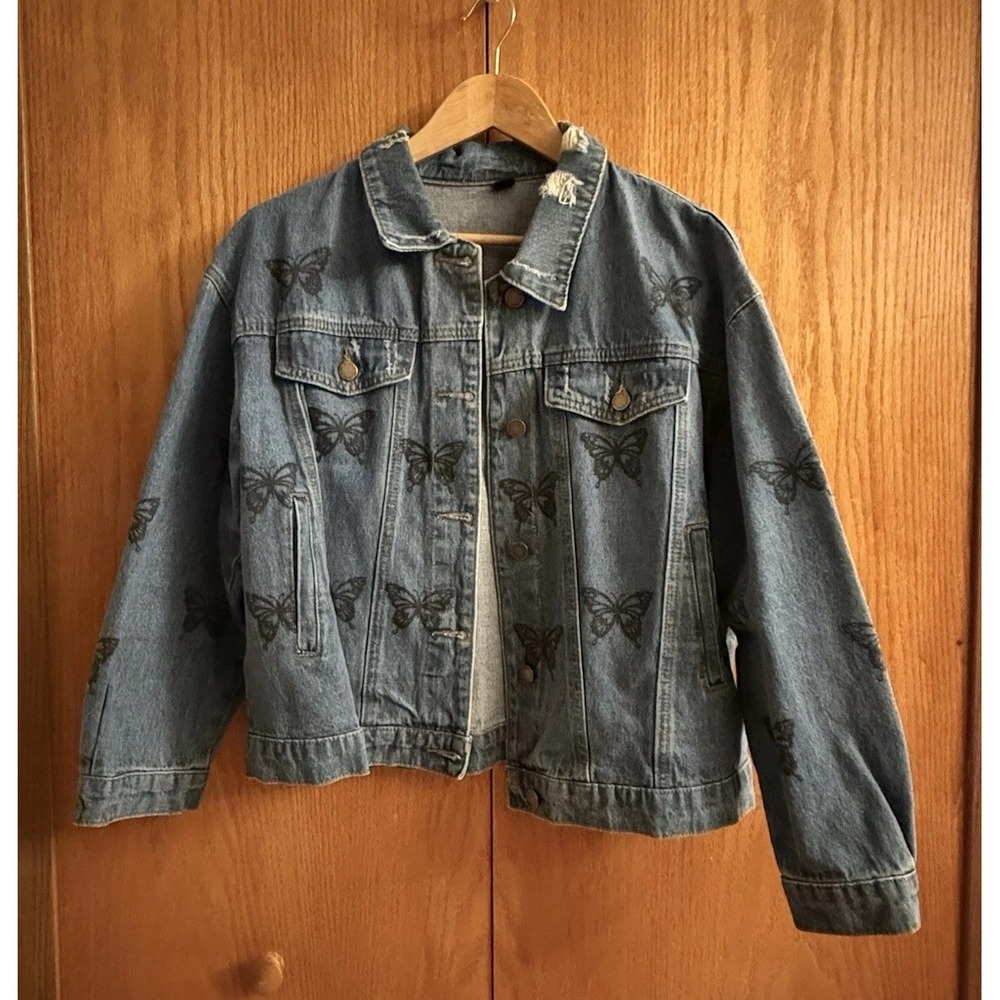 Y2K Womens 1X Plus Black Butterfly Blue Denim‎ Jean Jacket Whimsy Fairy Cottage